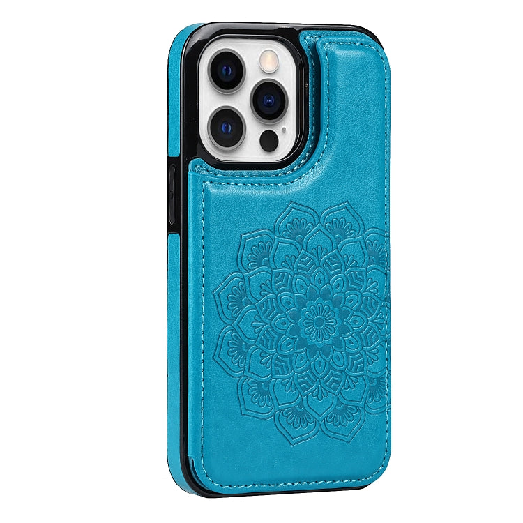 For iPhone 14 Pro Max Double Buckle Mandala Leather Wallet Back Cover Phone Case