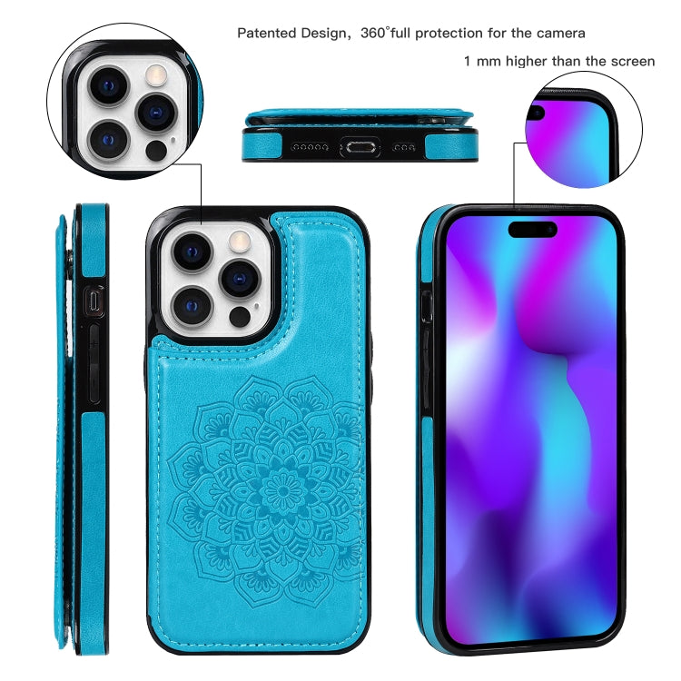 For iPhone 14 Pro Max Double Buckle Mandala Leather Wallet Back Cover Phone Case