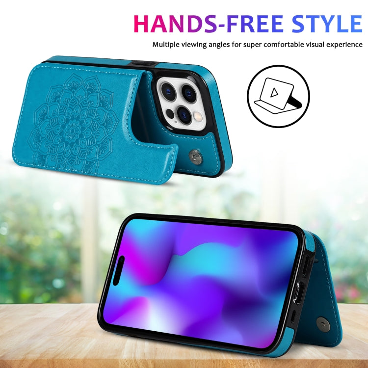 For iPhone 14 Pro Max Double Buckle Mandala Leather Wallet Back Cover Phone Case