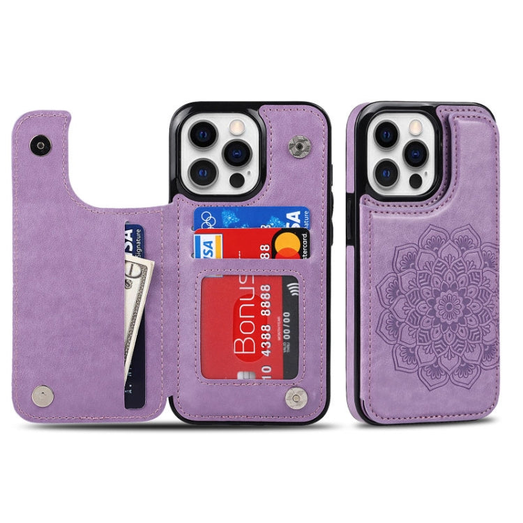 For iPhone 14 Pro Max Double Buckle Mandala Leather Wallet Back Cover Phone Case