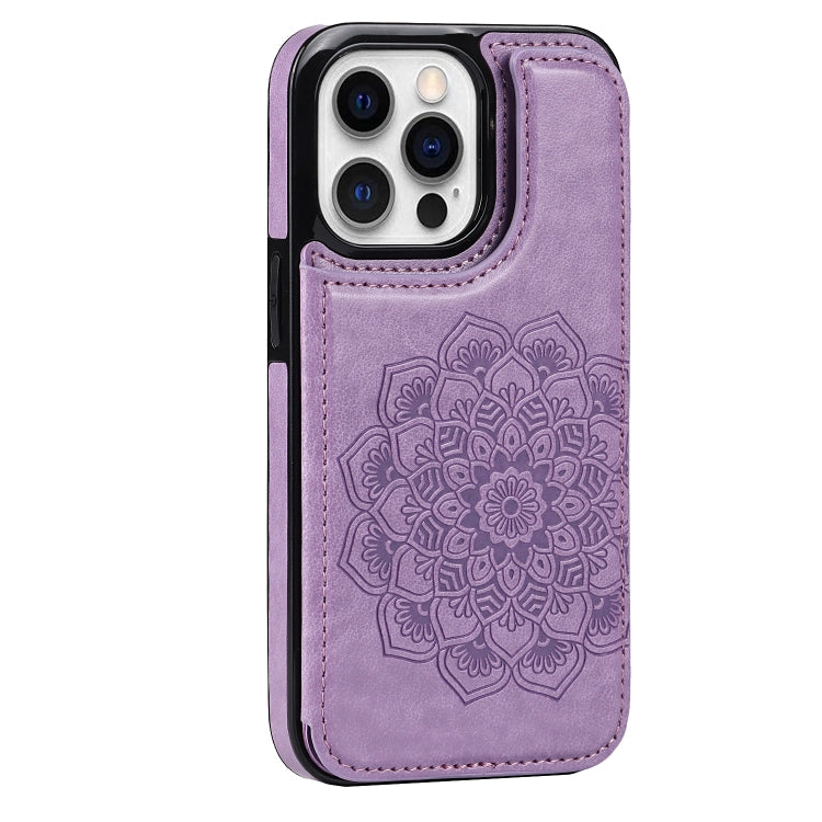 For iPhone 14 Pro Max Double Buckle Mandala Leather Wallet Back Cover Phone Case