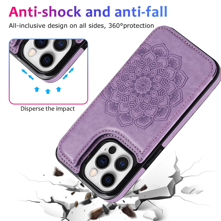 For iPhone 14 Pro Max Double Buckle Mandala Leather Wallet Back Cover Phone Case