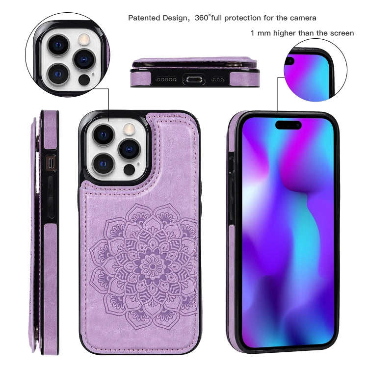For iPhone 14 Pro Max Double Buckle Mandala Leather Wallet Back Cover Phone Case
