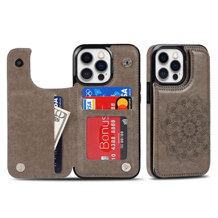 For iPhone 14 Pro Max Double Buckle Mandala Leather Wallet Back Cover Phone Case