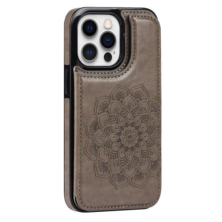 For iPhone 14 Pro Max Double Buckle Mandala Leather Wallet Back Cover Phone Case
