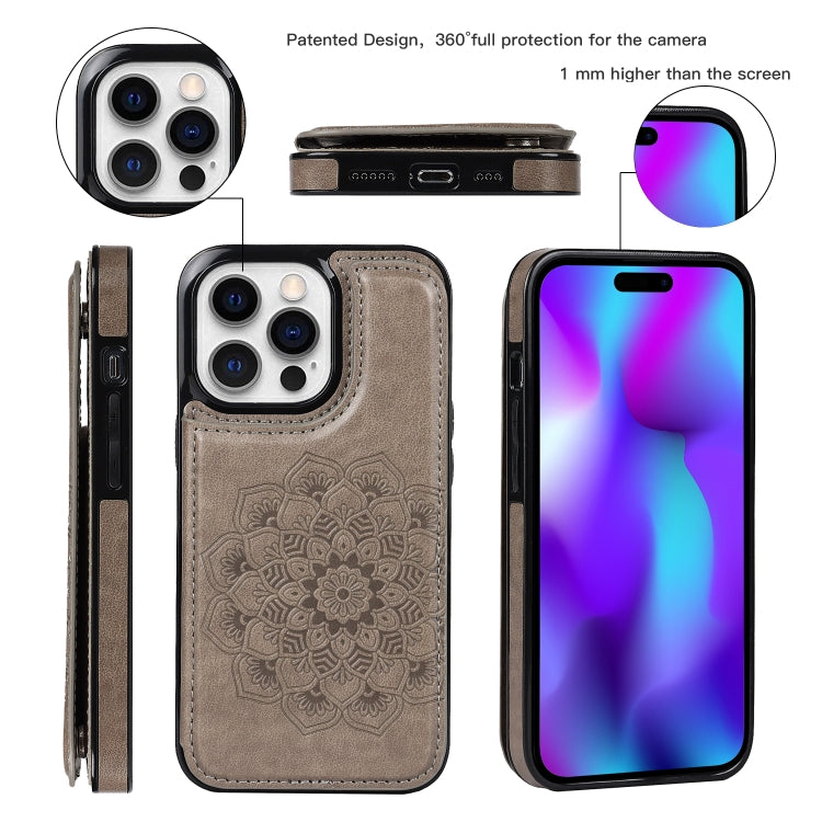 For iPhone 14 Pro Max Double Buckle Mandala Leather Wallet Back Cover Phone Case