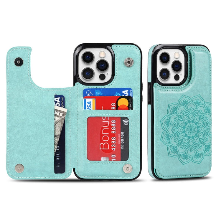 For iPhone 14 Pro Max Double Buckle Mandala Leather Wallet Back Cover Phone Case