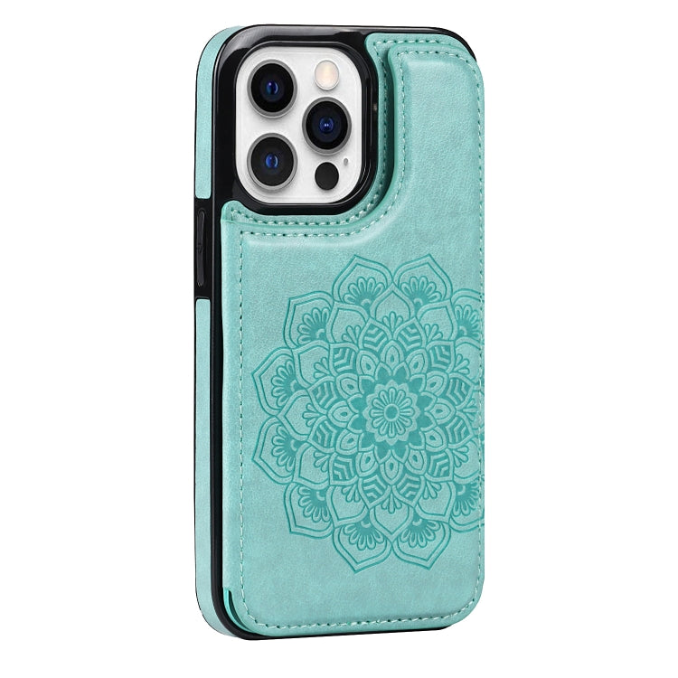 For iPhone 14 Pro Max Double Buckle Mandala Leather Wallet Back Cover Phone Case
