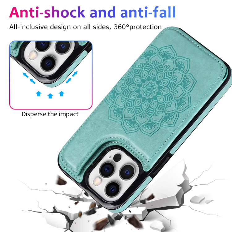 For iPhone 14 Pro Max Double Buckle Mandala Leather Wallet Back Cover Phone Case