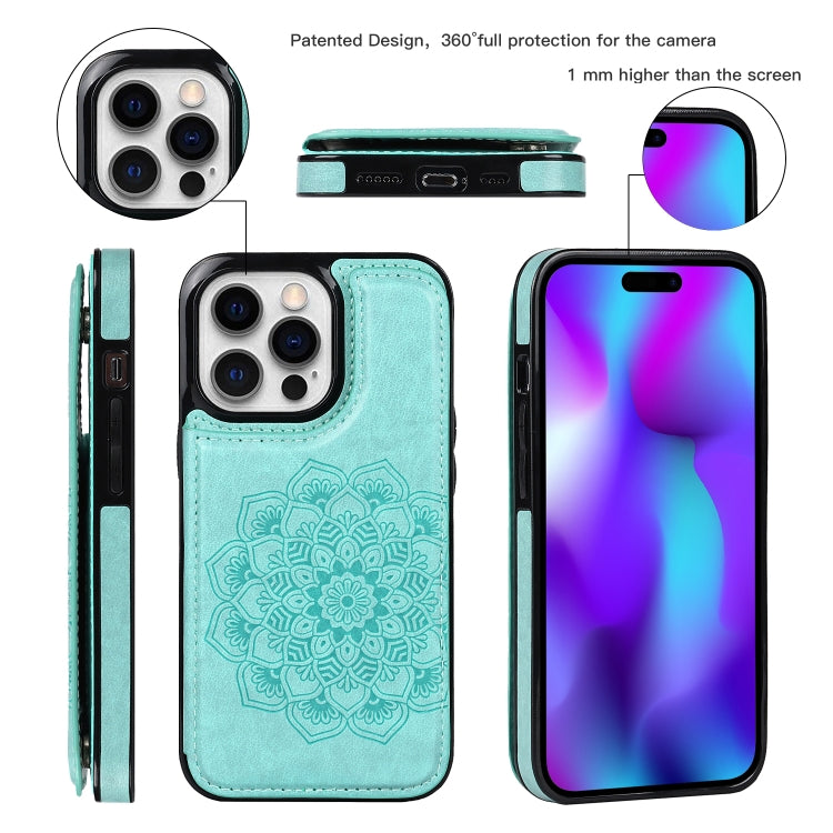 For iPhone 14 Pro Max Double Buckle Mandala Leather Wallet Back Cover Phone Case