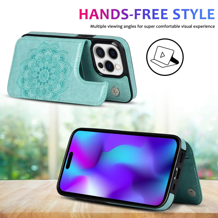 For iPhone 14 Pro Max Double Buckle Mandala Leather Wallet Back Cover Phone Case