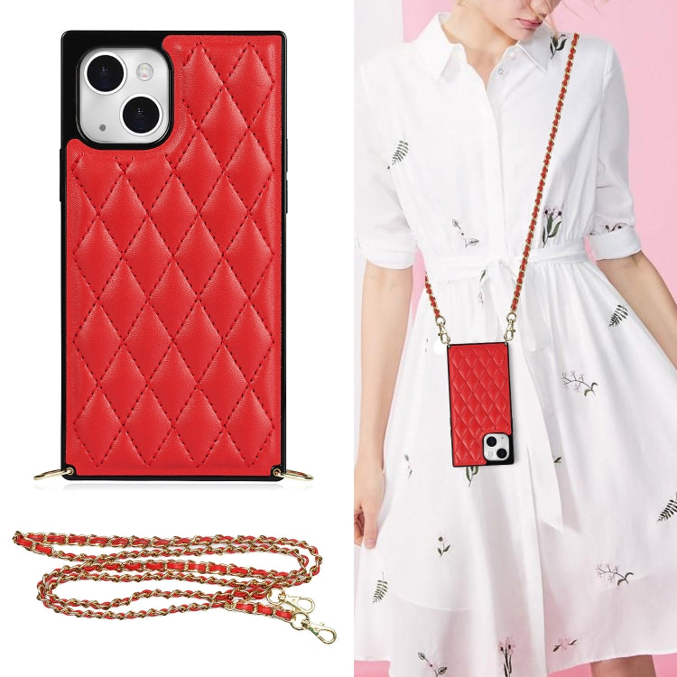 For iPhone 14 Plus Crossbody Rhombic Microfiber Leather Phone Case