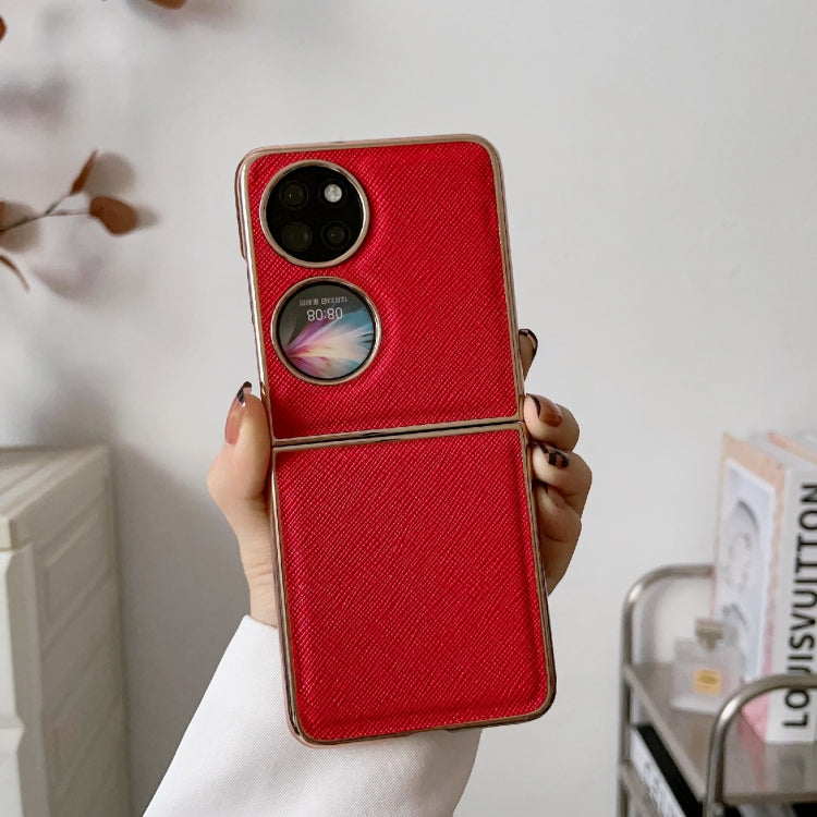 For Huawei P50 Pocket Nano Electroplating Cross Texture Genuine Leather Phone Case