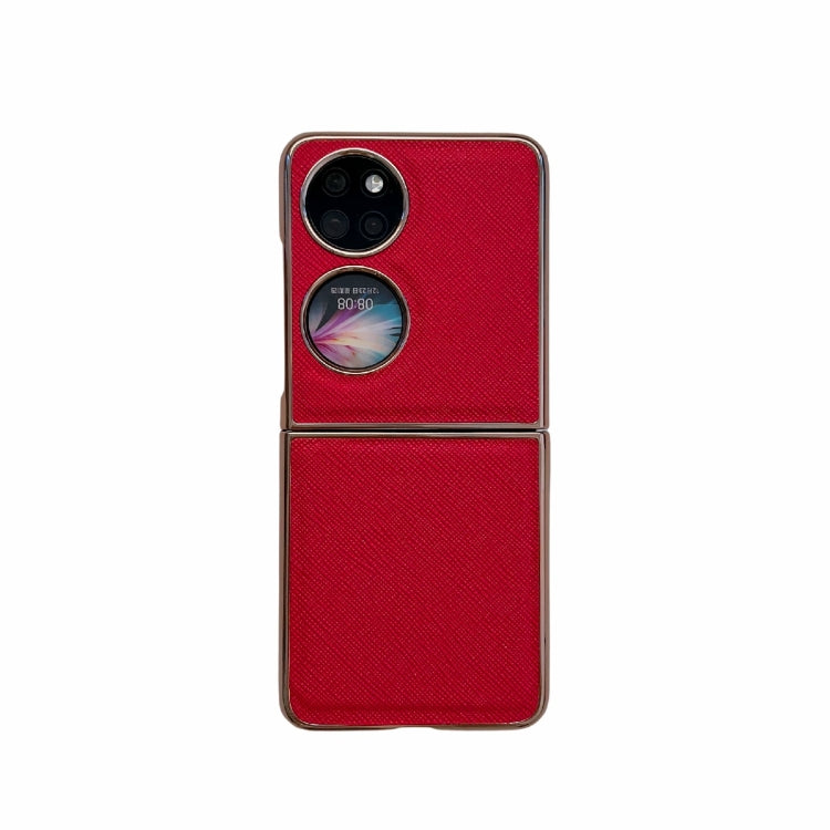 For Huawei P50 Pocket Nano Electroplating Cross Texture Genuine Leather Phone Case