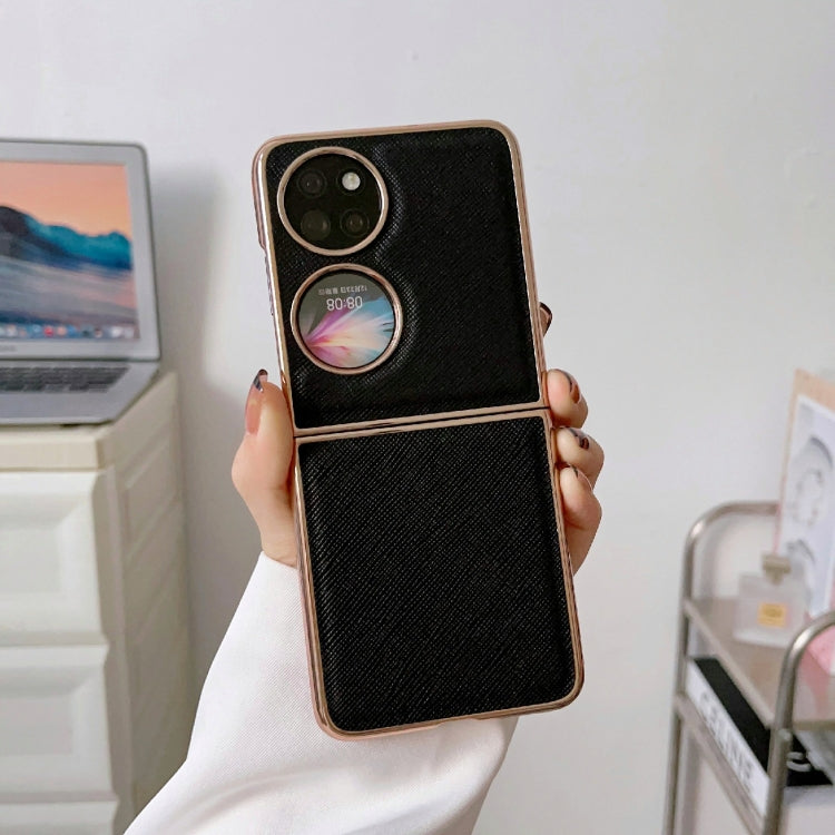 For Huawei P50 Pocket Nano Electroplating Cross Texture Genuine Leather Phone Case