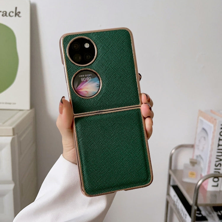 For Huawei P50 Pocket Nano Electroplating Cross Texture Genuine Leather Phone Case