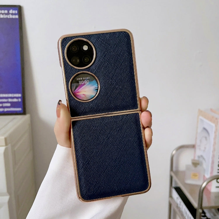 For Huawei P50 Pocket Nano Electroplating Cross Texture Genuine Leather Phone Case