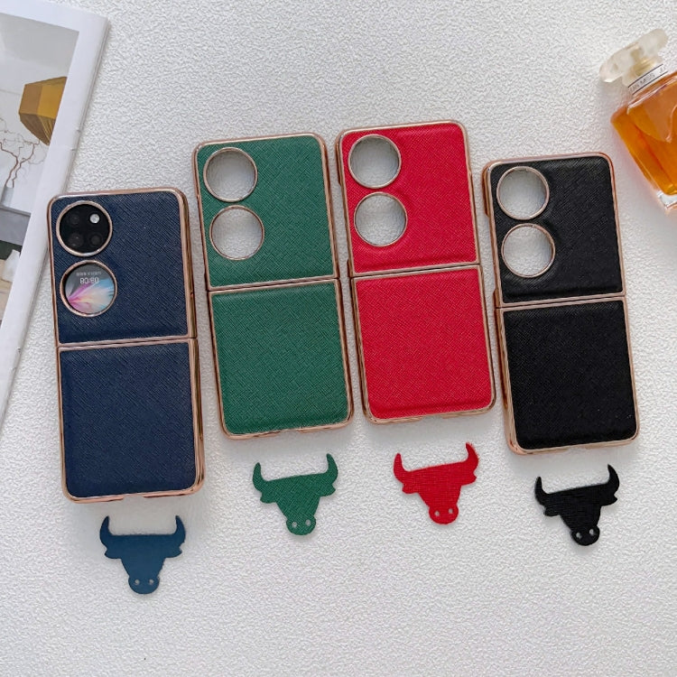 For Huawei P50 Pocket Nano Electroplating Cross Texture Genuine Leather Phone Case
