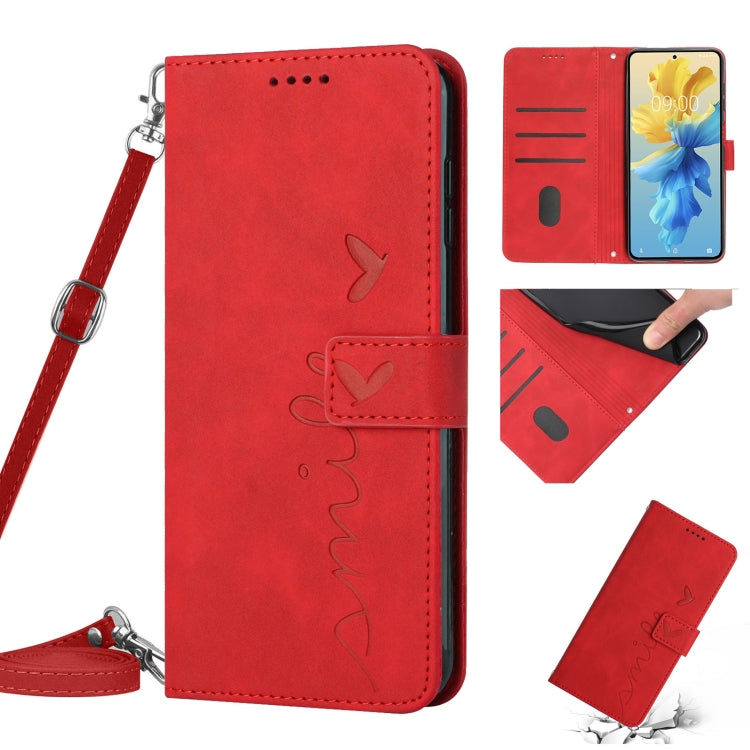 For Tecno Pop 6 Skin Feel Heart Pattern Leather Phone Case with Lanyard