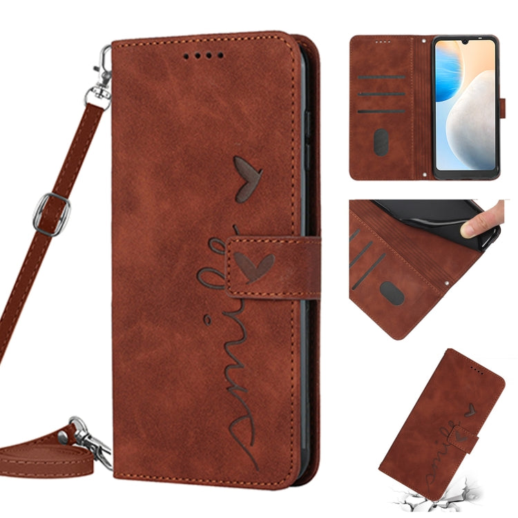For Tecno Pop 6 Pro Skin Feel Heart Pattern Leather Phone Case with Lanyard