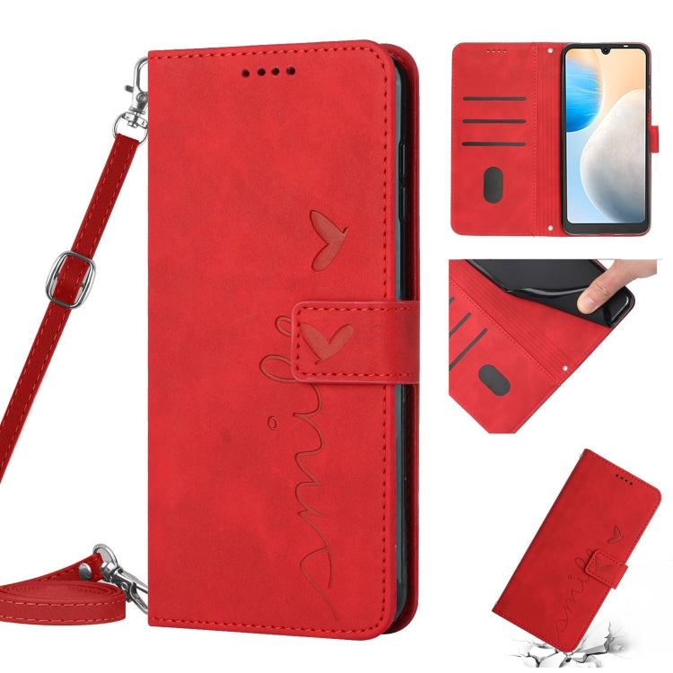 For Tecno Pop 6 Pro Skin Feel Heart Pattern Leather Phone Case with Lanyard