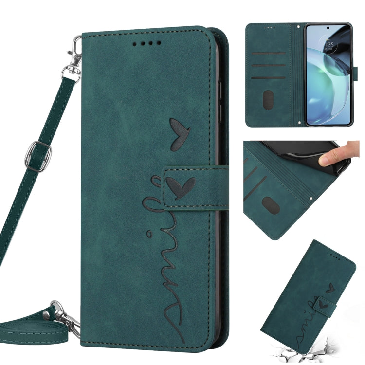 For Motorola Moto E22s 4G Skin Feel Heart Pattern Leather Phone Case with Lanyard