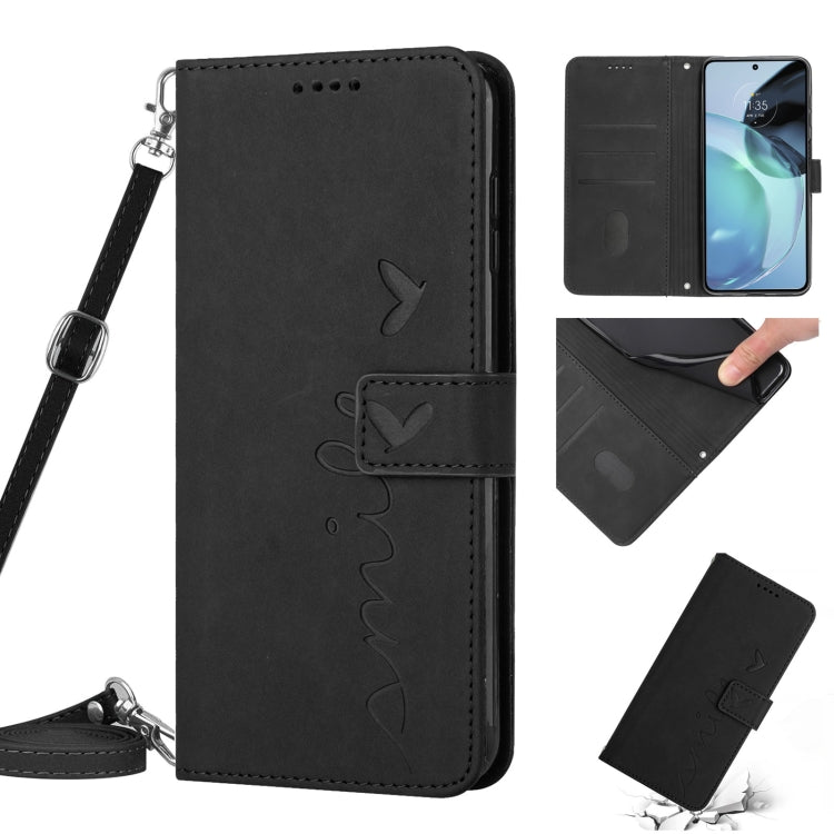 For Motorola Moto G72 Skin Feel Heart Pattern Leather Phone Case with Lanyard