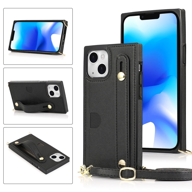 For iPhone 14 Plus Crossbody Wrist Strap Card Holder Phone Case