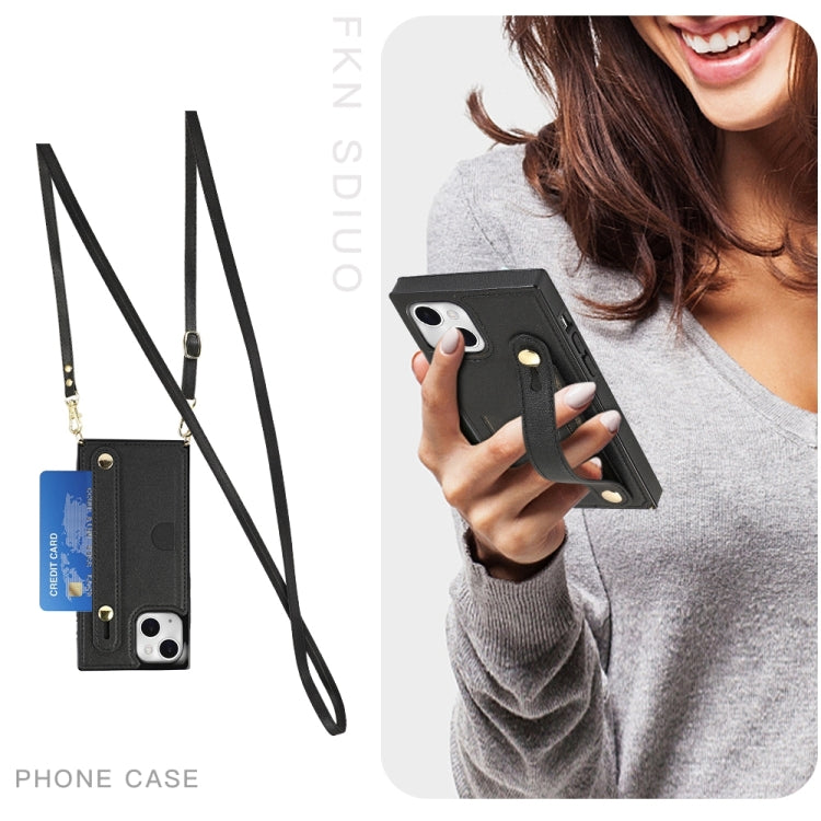 For iPhone 14 Plus Crossbody Wrist Strap Card Holder Phone Case