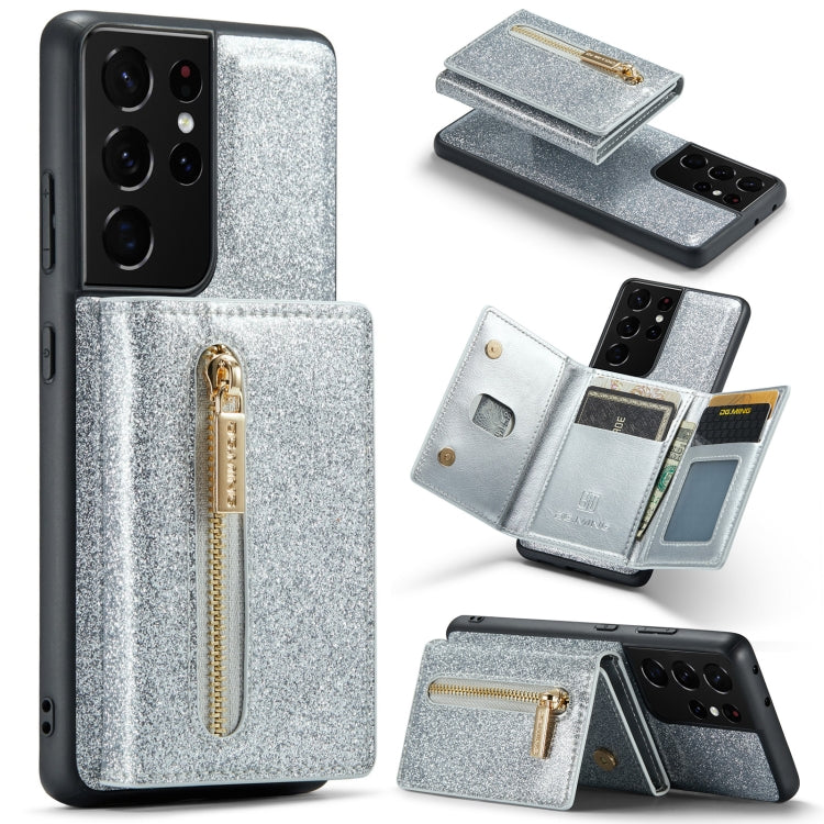 For Samsung Galaxy S21 Ultra 5G DG.MING M3 Series Glitter Powder Card Bag Leather Case