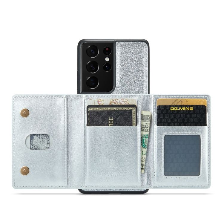 For Samsung Galaxy S21 Ultra 5G DG.MING M3 Series Glitter Powder Card Bag Leather Case