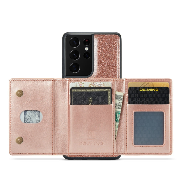 For Samsung Galaxy S21 Ultra 5G DG.MING M3 Series Glitter Powder Card Bag Leather Case