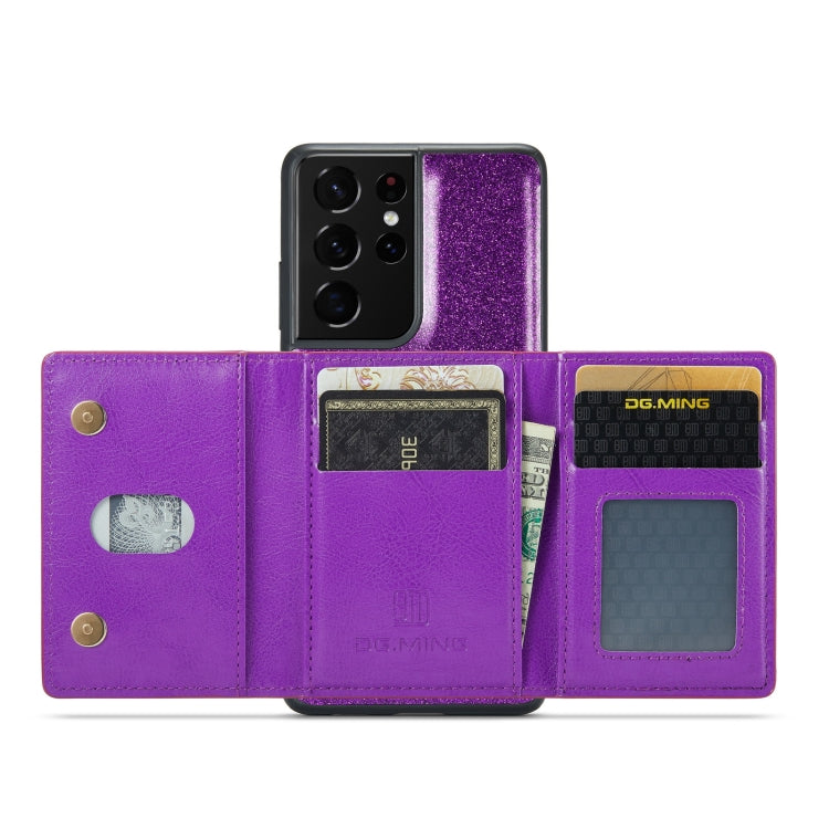 For Samsung Galaxy S21 Ultra 5G DG.MING M3 Series Glitter Powder Card Bag Leather Case