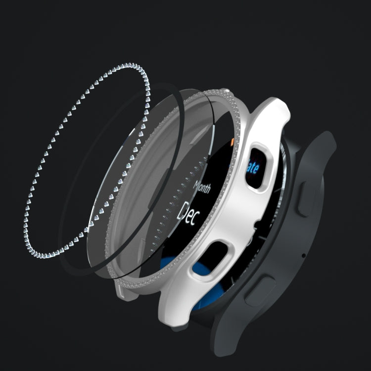 For Samsung Galaxy Watch4 44mm Single Row Diamond Electroplated PC+Tempered Film Watch Case