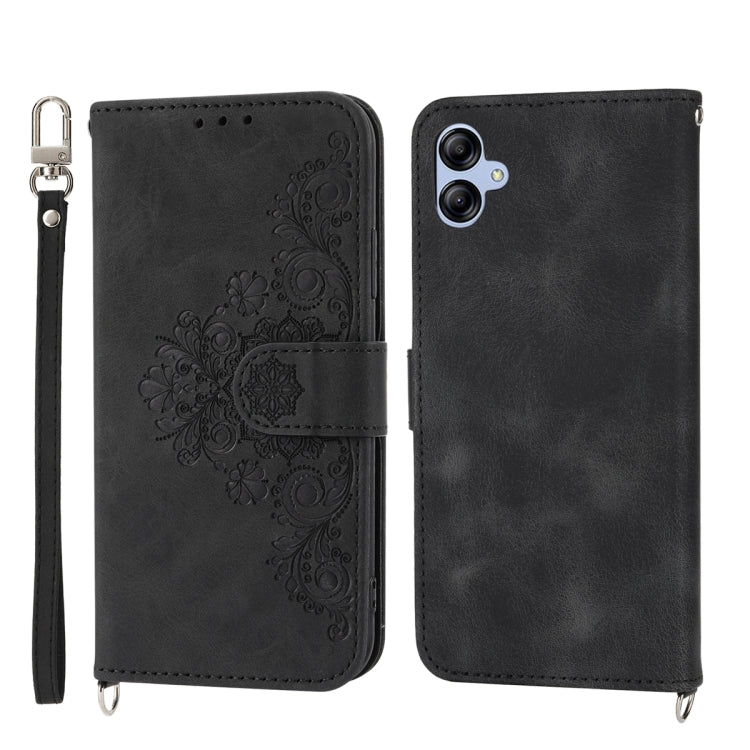 For Samsung Galaxy A04e Skin-feel Flowers Embossed Wallet Leather Phone Case