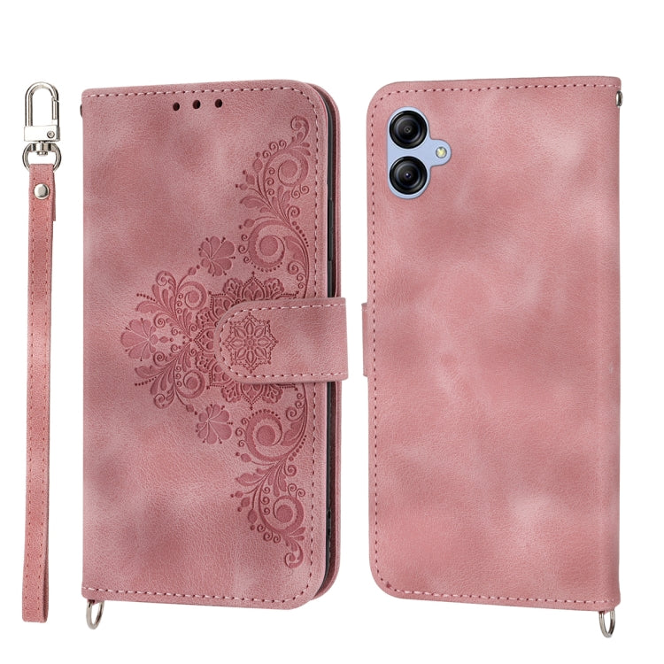 For Samsung Galaxy A04e Skin-feel Flowers Embossed Wallet Leather Phone Case