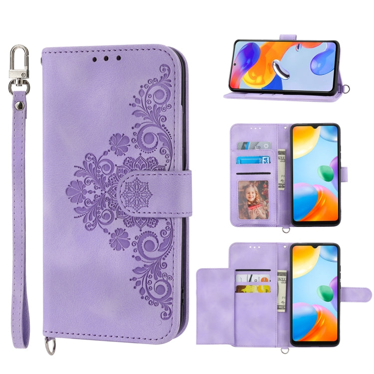 For Samsung Galaxy A04e Skin-feel Flowers Embossed Wallet Leather Phone Case