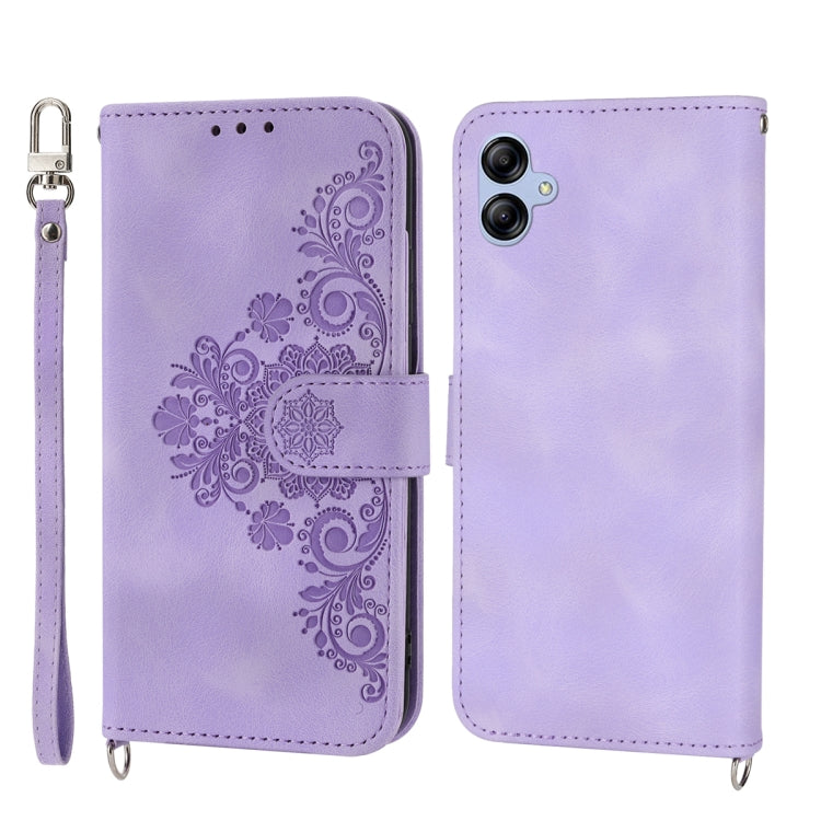 For Samsung Galaxy A04e Skin-feel Flowers Embossed Wallet Leather Phone Case