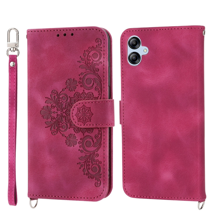 For Samsung Galaxy A04e Skin-feel Flowers Embossed Wallet Leather Phone Case
