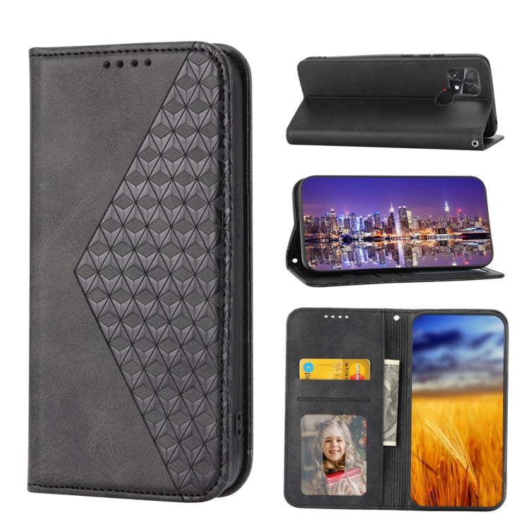 For Xiaomi Poco C40 Cubic Grid Calf Texture Magnetic Leather Phone Case