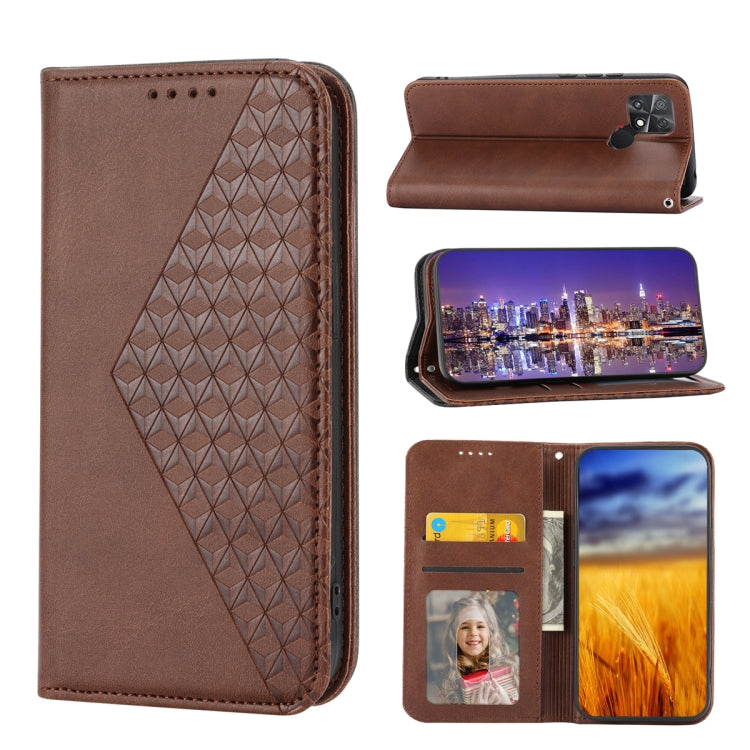 For Xiaomi Poco C40 Cubic Grid Calf Texture Magnetic Leather Phone Case
