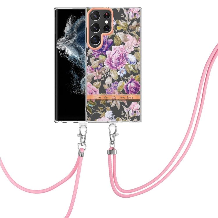 For Samsung Galaxy S23 Ultra 5G Flowers and Plants Series IMD TPU Phone Case with Lanyard