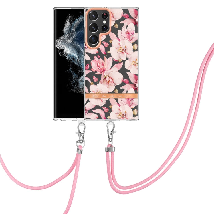 For Samsung Galaxy S23 Ultra 5G Flowers and Plants Series IMD TPU Phone Case with Lanyard