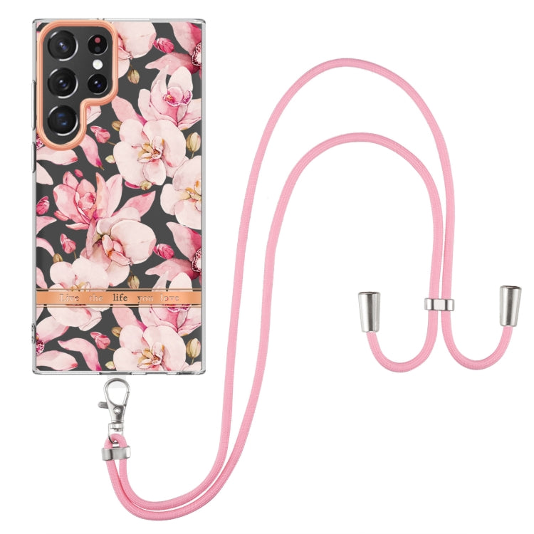 For Samsung Galaxy S23 Ultra 5G Flowers and Plants Series IMD TPU Phone Case with Lanyard