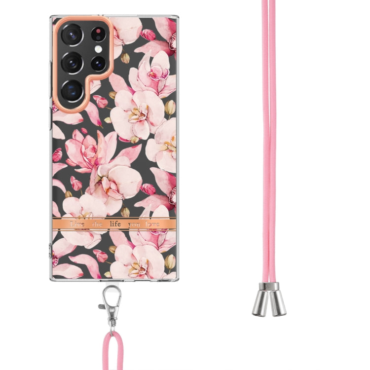 For Samsung Galaxy S23 Ultra 5G Flowers and Plants Series IMD TPU Phone Case with Lanyard