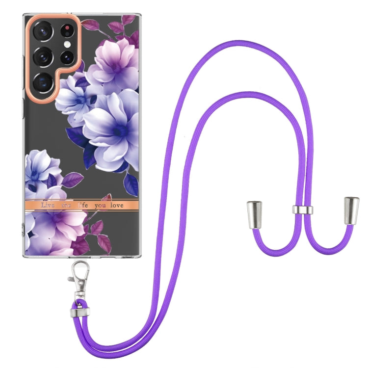 For Samsung Galaxy S23 Ultra 5G Flowers and Plants Series IMD TPU Phone Case with Lanyard