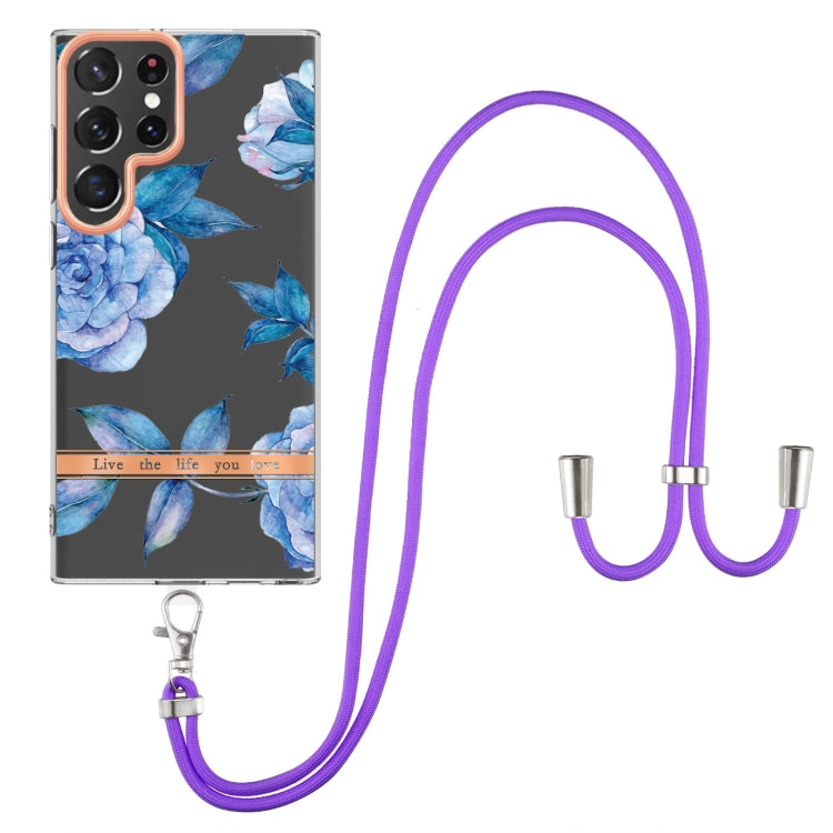 For Samsung Galaxy S23 Ultra 5G Flowers and Plants Series IMD TPU Phone Case with Lanyard