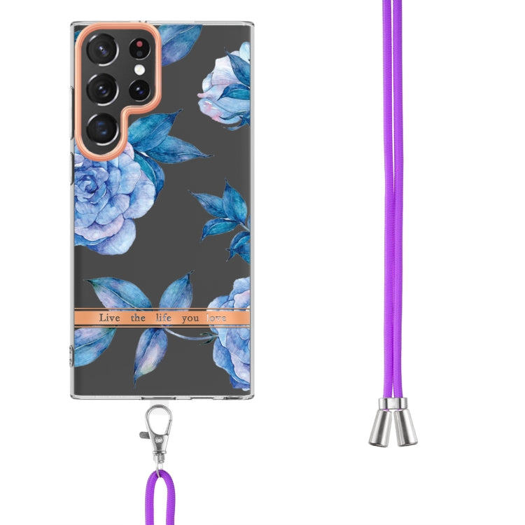 For Samsung Galaxy S23 Ultra 5G Flowers and Plants Series IMD TPU Phone Case with Lanyard