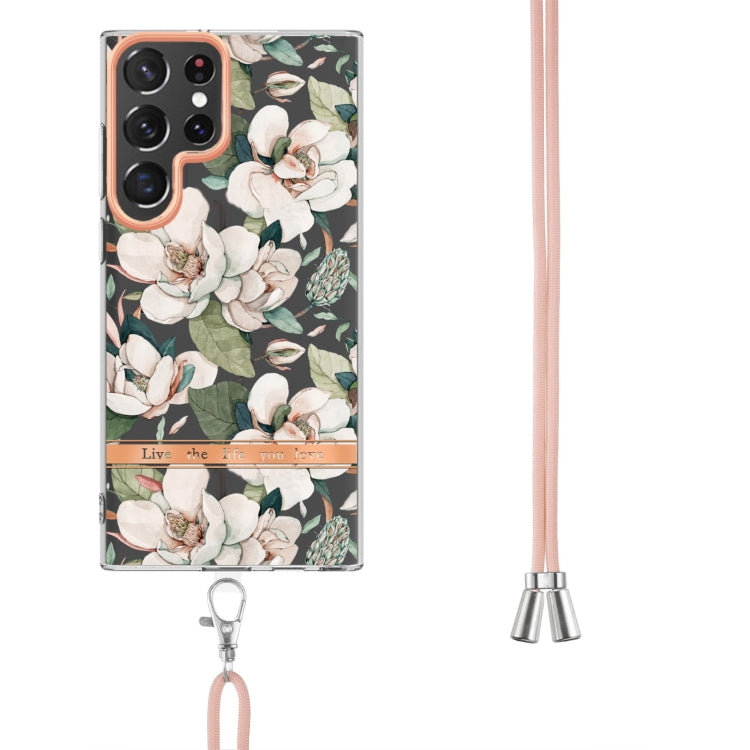 For Samsung Galaxy S23 Ultra 5G Flowers and Plants Series IMD TPU Phone Case with Lanyard