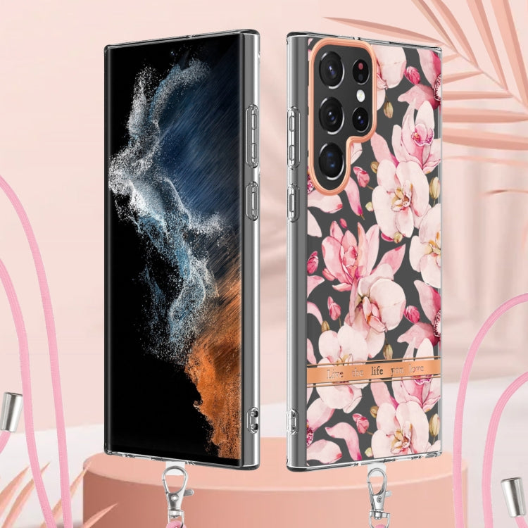For Samsung Galaxy S23 Ultra 5G Flowers and Plants Series IMD TPU Phone Case with Lanyard